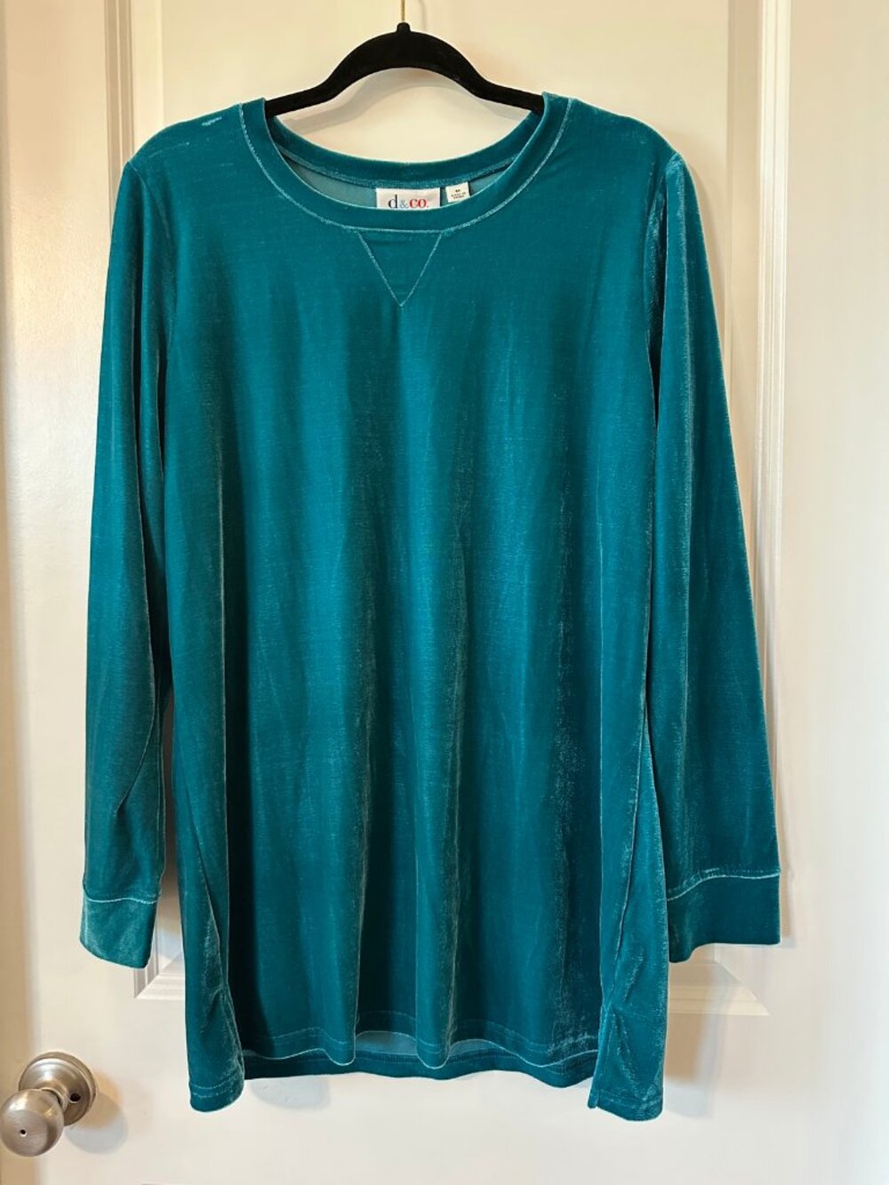 Denim & Company Velvet Top M Teal Long Sleeve Stretch Velour Tunic